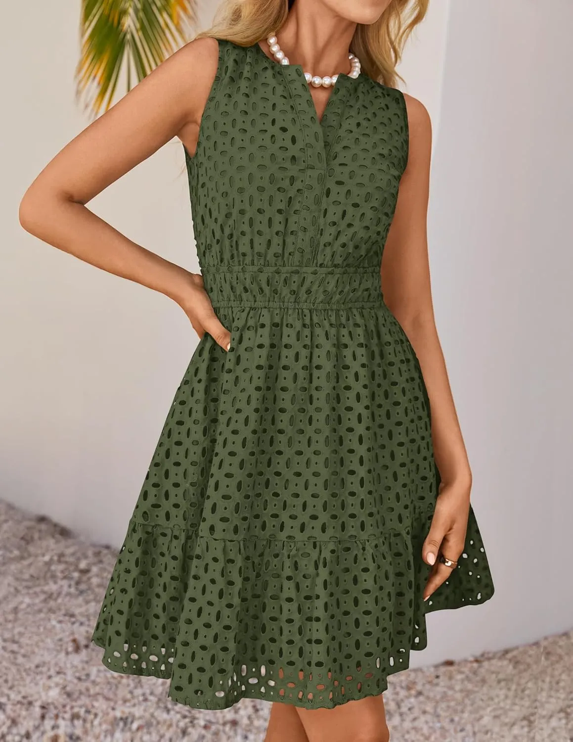 ZESICA Women's Summer Sleeveless Mini Dress V Neck Hollow Out Eyelet High Waist A Line Swing Short Party Dresses