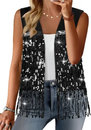 ZXZY Womens Sequin Fringe Sleeveless Vest Sparkly Lightweight Fitted Jacket Cardigan