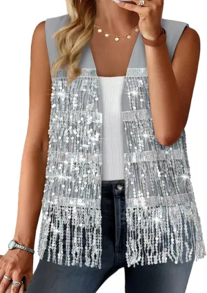 ZXZY Womens Sequin Fringe Sleeveless Vest Sparkly Lightweight Fitted Jacket Cardigan