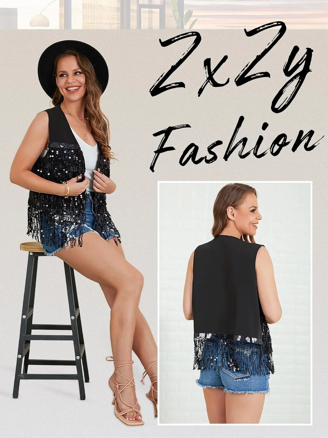ZXZY Womens Sequin Fringe Sleeveless Vest Sparkly Lightweight Fitted Jacket Cardigan