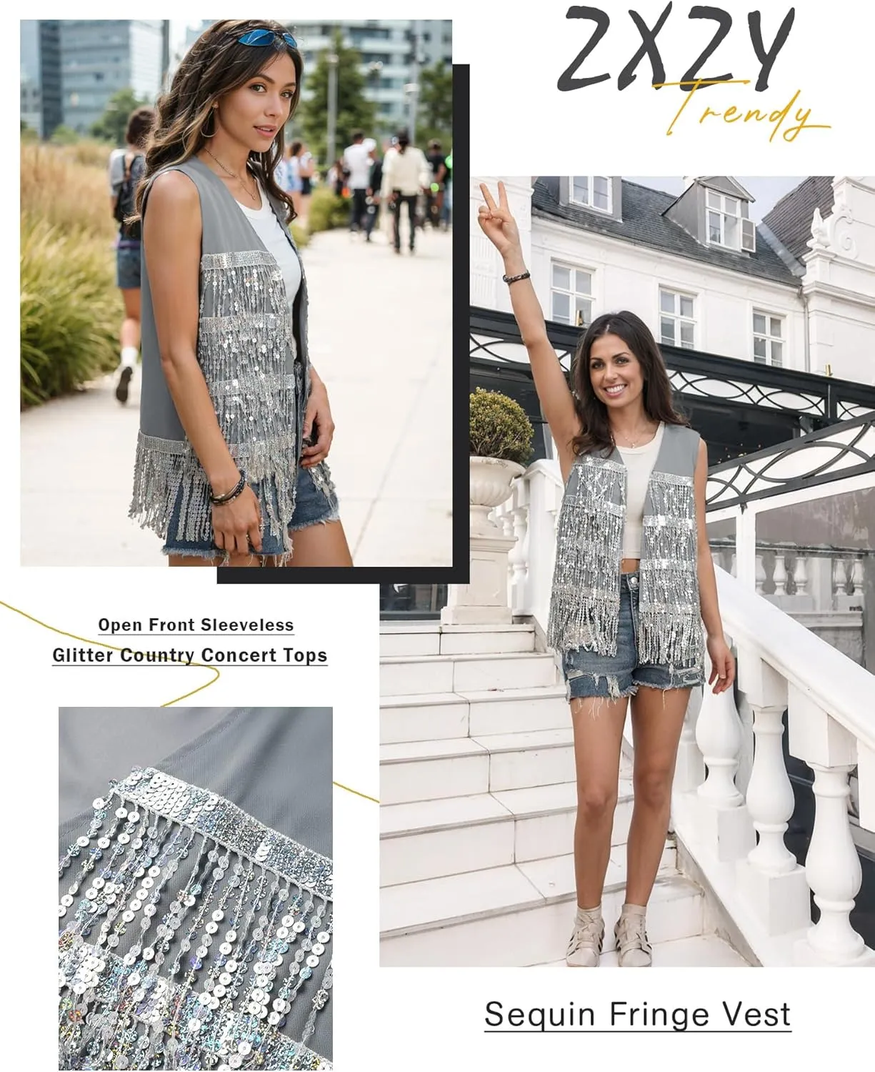ZXZY Womens Sequin Fringe Sleeveless Vest Sparkly Lightweight Fitted Jacket Cardigan