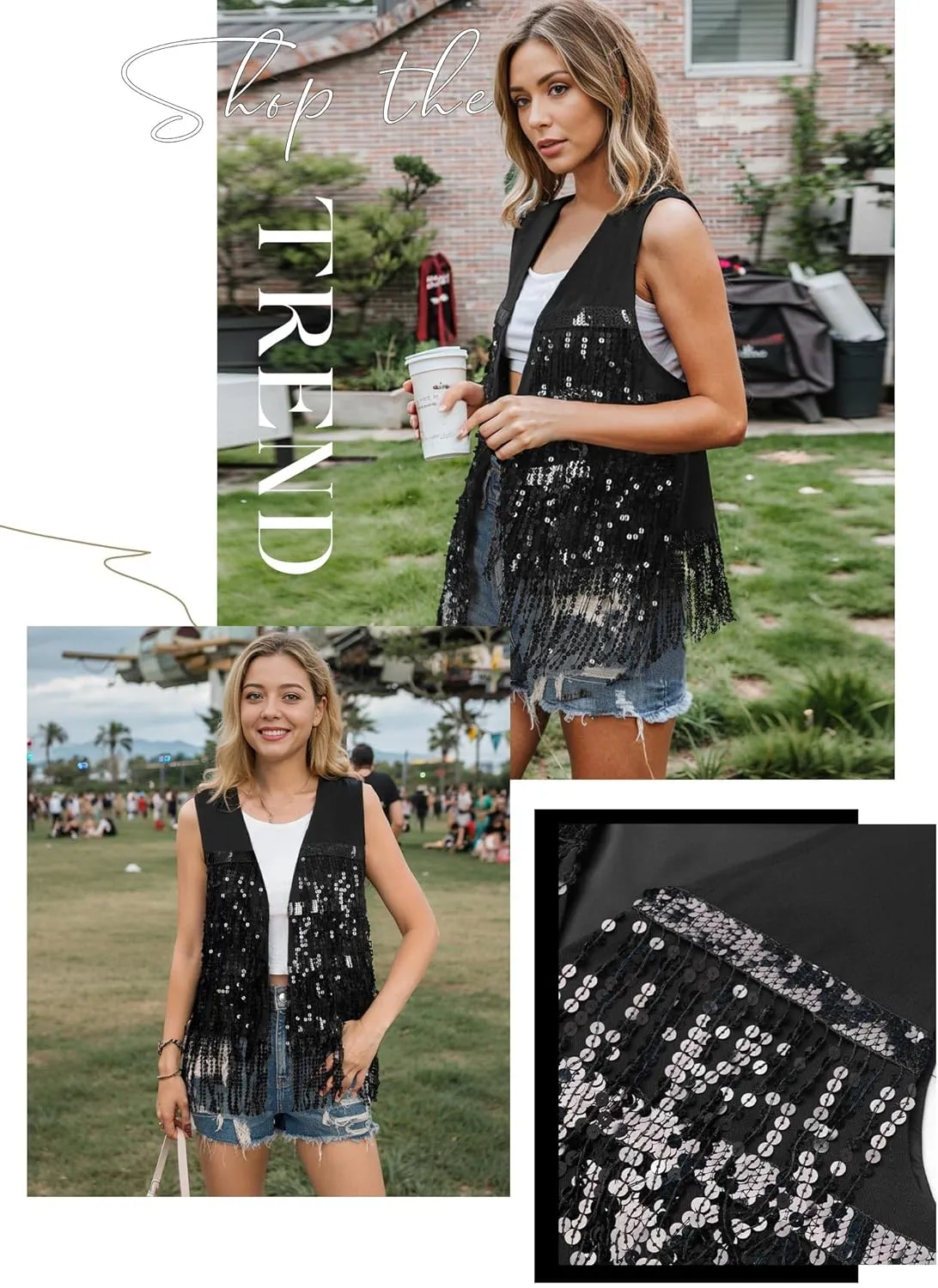 ZXZY Womens Sequin Fringe Sleeveless Vest Sparkly Lightweight Fitted Jacket Cardigan