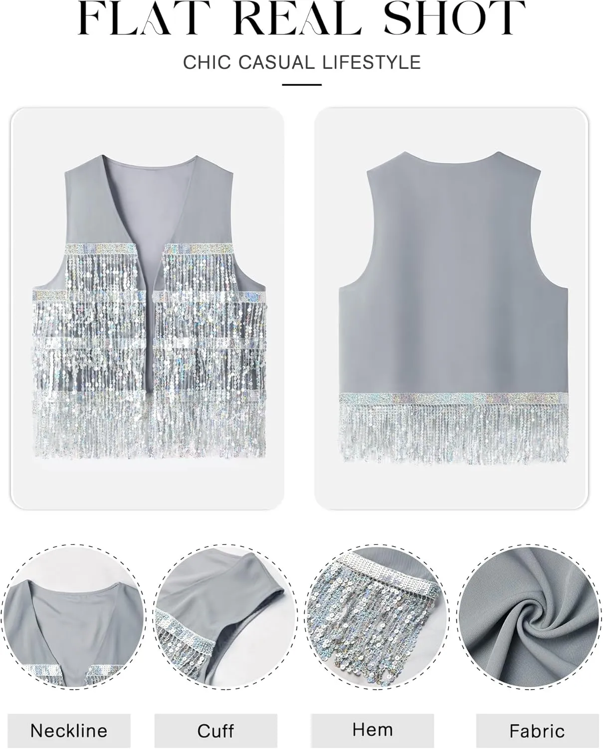ZXZY Womens Sequin Fringe Sleeveless Vest Sparkly Lightweight Fitted Jacket Cardigan