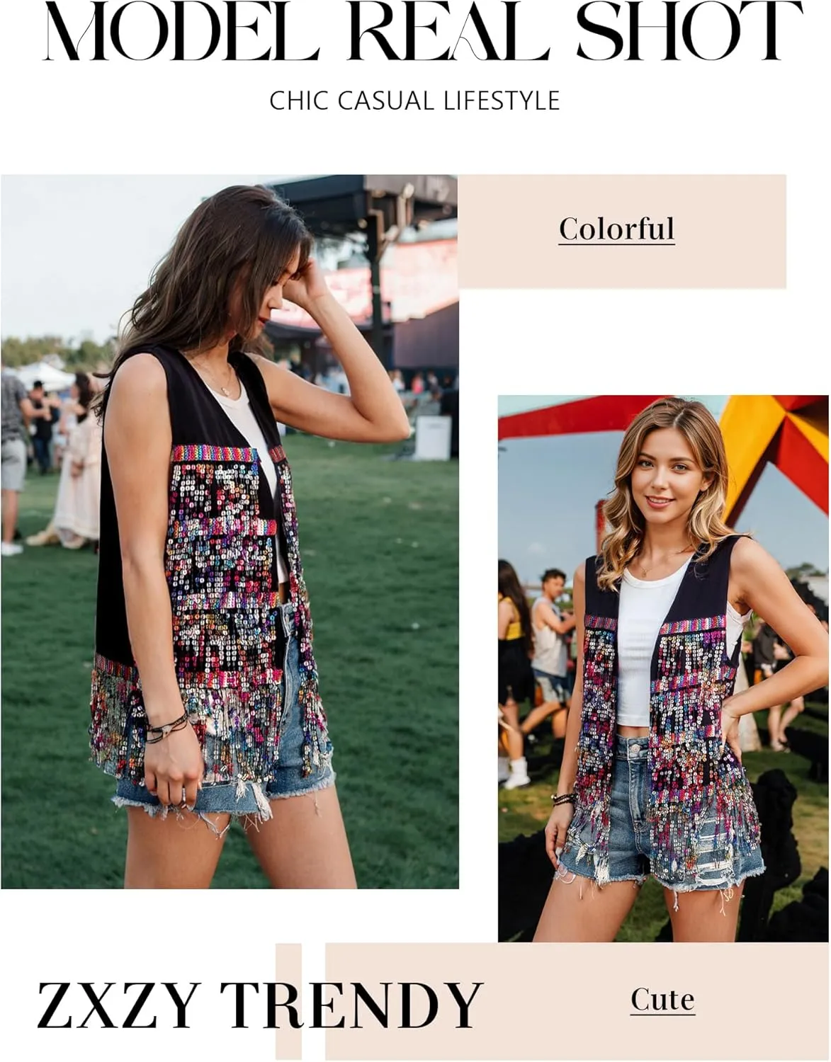 ZXZY Womens Sequin Fringe Sleeveless Vest Sparkly Lightweight Fitted Jacket Cardigan