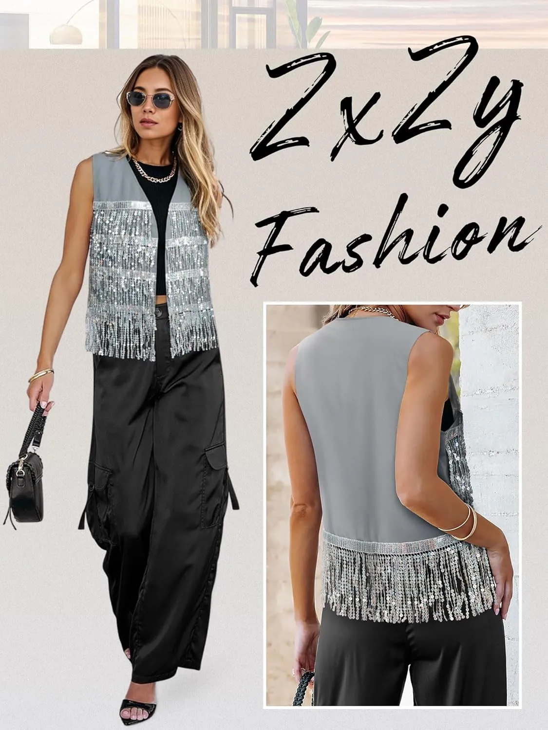 ZXZY Womens Sequin Fringe Sleeveless Vest Sparkly Lightweight Fitted Jacket Cardigan