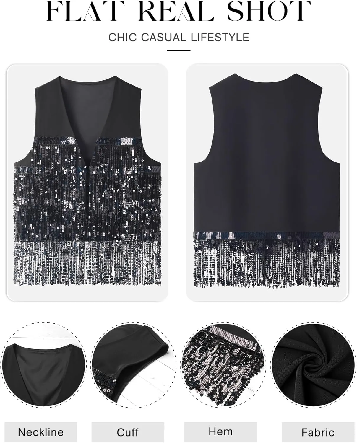ZXZY Womens Sequin Fringe Sleeveless Vest Sparkly Lightweight Fitted Jacket Cardigan