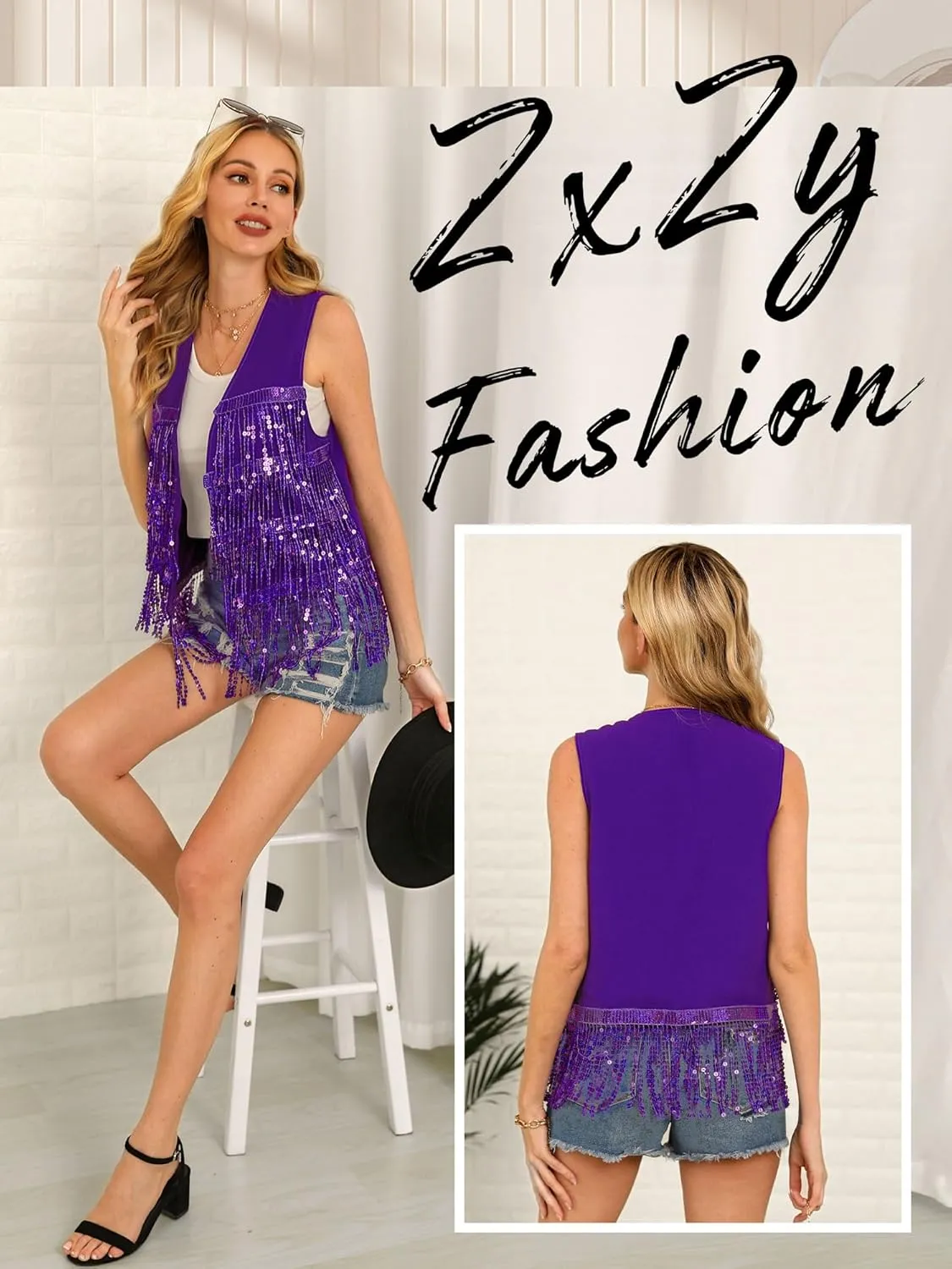 ZXZY Womens Sequin Fringe Sleeveless Vest Sparkly Lightweight Fitted Jacket Cardigan
