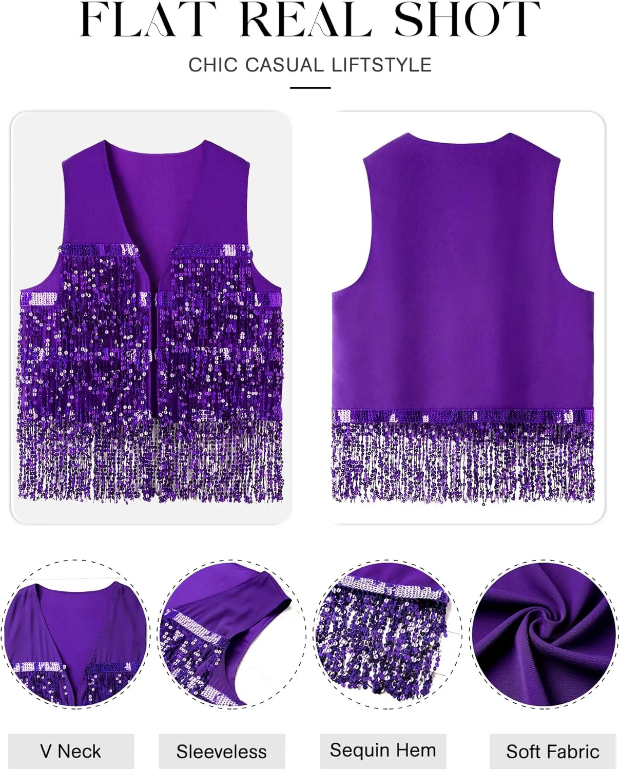 ZXZY Womens Sequin Fringe Sleeveless Vest Sparkly Lightweight Fitted Jacket Cardigan